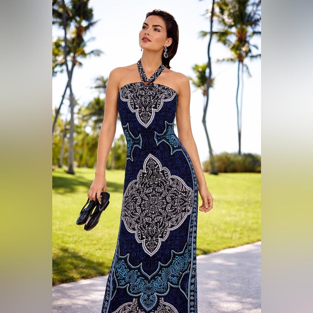 White House Black Market Navy and Teal Halter Maxi Dress XXS